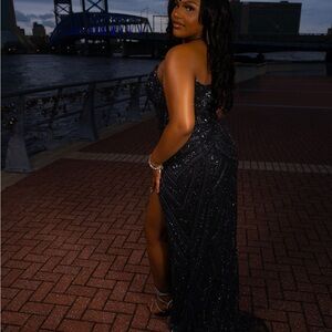 Black Strapless Sequin Gown with High Slit